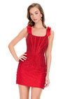 ASHLEYlauren 40048 Gown | Red bow strapped fully beaded square neck cocktail dress