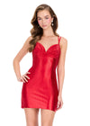 ASHLEYlauren 40055 Gown | Red lace up open back cinched butt beaded cocktail dress with plunge sweetheart neckline