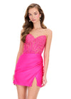ASHLEYlauren 40057 Gown | Hot Pink flattering sweetheart neckline lace applique corset cocktail dress with gathered jersey skirt