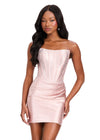ASHLEYlauren 40058 Gown | Champagne classy sequined strapless corset jersey cocktail dress with a v cut back and cinched butt