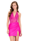 ASHLEYlauren 40059 Gown | Fuchsia detailed sheer lace corset jersey cocktail dress with a deep plunge halter neck and open back