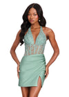 ASHLEYlauren 40059 Gown | Sage glamorous deep plunge halter sheer lace corset cocktail dress with gathered jersey waist