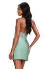 ASHLEYlauren 40059 Gown | Sage flattering open back cocktail dress with detailed sheer lace corset featuring a deep v plunge and halter neck