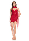 ASHLEYlauren 40060 Gown | Deep Red dramatic lace applique cocktail dress with strapless corset, sweetheart neckline, and scarf