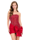 ASHLEYlauren 40064 Gown | Red unique beaded strapless cocktail dress with taffeta draped bow