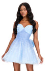 ASHLEYlauren 40066 Gown | Sky feminine strapless beaded cocktail dress with a line waist and statement bow
