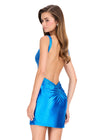 ASHLEYlauren 40070 Gown | Blue gathered zipper open back cocktail dress with plunge neckline and intricate beading