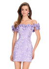 ASHLEYlauren 40074 Gown | Lilac form fitting brocade cocktail dress with bow trim off the shoulders