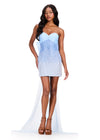 ASHLEYlauren 40078 Gown | Sky Ombre strapless beaded organza cocktail dress with statement back bow and floor length train