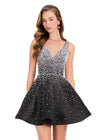 ASHLEYlauren 40081 Gown | Black flattering waist accentuating beaded cocktail dress with plunge neckline and v back