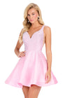 ASHLEYlauren 40081 Gown | Ice Pink glamorous beaded cocktail dress with plunge and v back