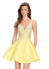 ASHLEYlauren 40081 Gown | Yellow glamorous beaded mikado cocktail dress with plunge and v back