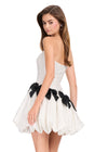 ASHLEYlauren 40083 Gown | White flattering strapless sweetheart neckline brocade cocktail dress with bow trim asymmetrical skirt