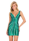 ASHLEYlauren 40085 Gown | Emerald glamorous detailed jersey cocktail dress with deep plunge and an open back