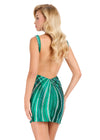 ASHLEYlauren 40085 Gown | Emerald flattering fitted beaded pattern jersey cocktail dress with an open back and deep plunge neckline