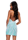 ASHLEYlauren 40089 Gown | Aqua glamorous fully beaded cocktail dress with deep plunge halter and open back