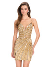 ASHLEYlauren 40090 Gown | Gold intricate beaded cocktail dress with lace up open back and deep plunge