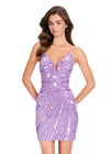 ASHLEYlauren 40090 Gown | Orchid fully beaded glamorous cocktail dress featuring a deep plunge and open lace up back