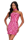 ASHLEYlauren 40095 Gown | Fuchsia detailed patterned fully beaded strapless cocktail dress with matching collar