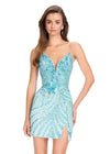 ASHLEYlauren 40096 Gown | Aqua intricate beaded deep plunge lace up open back cocktail dress