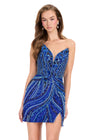 ASHLEYlauren 40096 Gown | Royal intricate beaded deep plunge lace up open back cocktail dress
