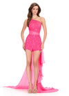 ASHLEYlauren 40098 Gown | Hot Pink chiffon one shoulder fully beaded romper with statement cascading floor length ruffle