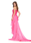 ASHLEYlauren 40098 Gown | Hot Pink fully beaded one shoulder romper with chiffon floor length cascading ruffle