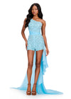 ASHLEYlauren 40098 Gown | Sky fully beaded one shoulder romper with chiffon floor length cascading ruffle