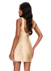 ASHLEYlauren 40101 Gown | Gold glamorous fitted beaded jersey cocktail dress with plunge neckline and open back