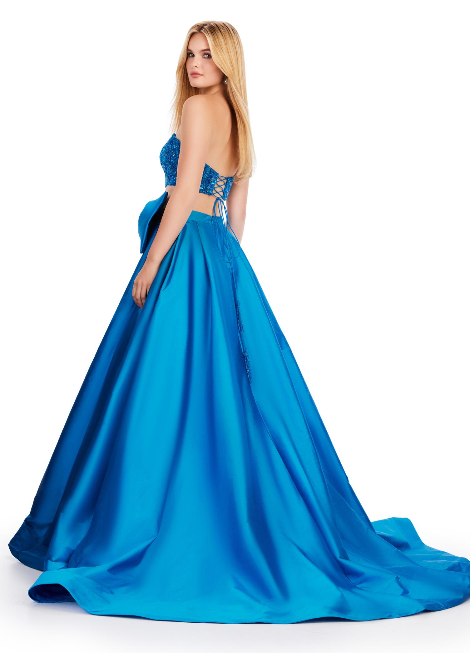 Back view. Peacock ASHLEYlauren 11650 Two-Piece Ball Gown with Intricately Beaded Strapless Bustier, A-Line Taffeta Skirt, and Statement Oversized Bow Detail