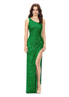 Kelly Green ASHLEYlauren 11285 One Shoulder Sequin Gown with Adjustable Straps, Keyhole Back Cut Out, Fully Hand Beaded Design, and Left Leg Slit