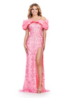 Candy Pink ASHLEYlauren 11581 Fully Beaded Off Shoulder Gown with Taffeta Ruffles, Left Leg Slit, and Dramatic Detail