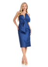 ASHLEYlauren 4820 | Navy structured Mikado midi dress featuring sculptural bow accent, one-shoulder neckline, and elegant tailored fit.