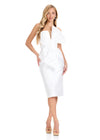 ASHLEYlauren 4820 | White sculpted Mikado midi dress featuring dramatic bow detail, one-shoulder neckline, and elegant fitted shape.