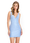 ASHLEYlauren 4873 Dress | Sky blue press-on beaded jersey mini dress featuring a deep V neckline, wide straps, and fitted silhouette for a sleek and elegant evening look.
