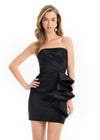 ASHLEYlauren 4933 | Black taffeta mini dress featuring strapless neckline, ruched bodice, and voluminous ruffle accent.