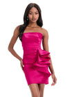 ASHLEYlauren 4933 Dress | Fuchsia taffeta mini dress with a strapless neckline, ruched bodice, and bold ruffle detailing for a flirty, statement-making look ideal for cocktail events.