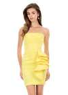 ASHLEYlauren 4933 Dress | Yellow taffeta strapless mini dress with ruching and ruffle details, showcasing a fitted, modern silhouette perfect for cocktail parties and special occasions.