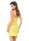 ASHLEYlauren 4933 Dress | Yellow strapless stretch taffeta mini dress featuring a ruched bustier, dramatic skirt ruffle, and fitted silhouette for a flirty, glamorous party look. Back