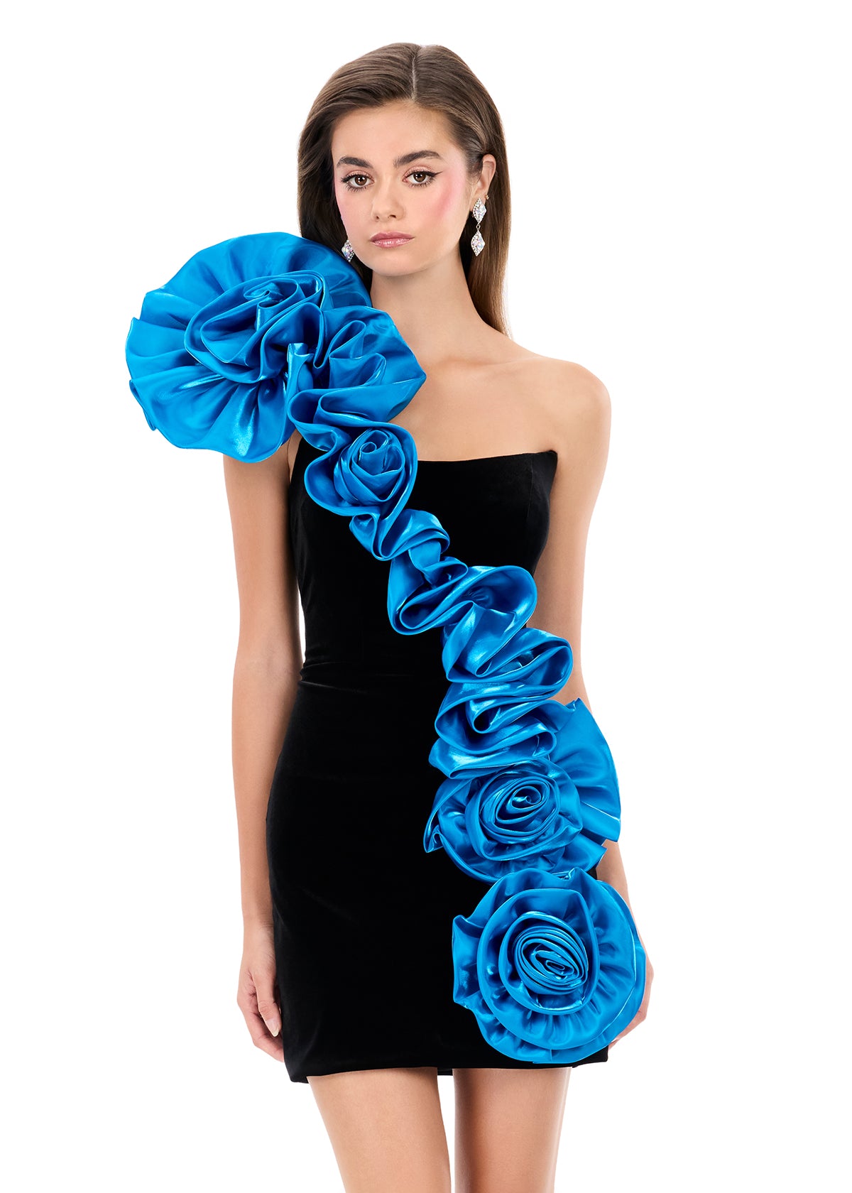 ASHLEYlauren 4939 – One-Shoulder Velvet Floral Mini Dress