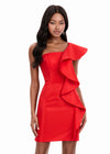 ASHLEYlauren 4947 | Red sculptural mikado mini featuring asymmetrical neckline and dramatic ruffle detail