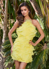 ASHLEYlauren 4949 | Yellow organza mini dress with layered sculptural ruffles, halter neckline and dramatic open back