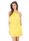 ASHLEYlauren 4949 | Yellow sculptural organza mini featuring voluminous tiered ruffles, halter neckline, and statement open back
