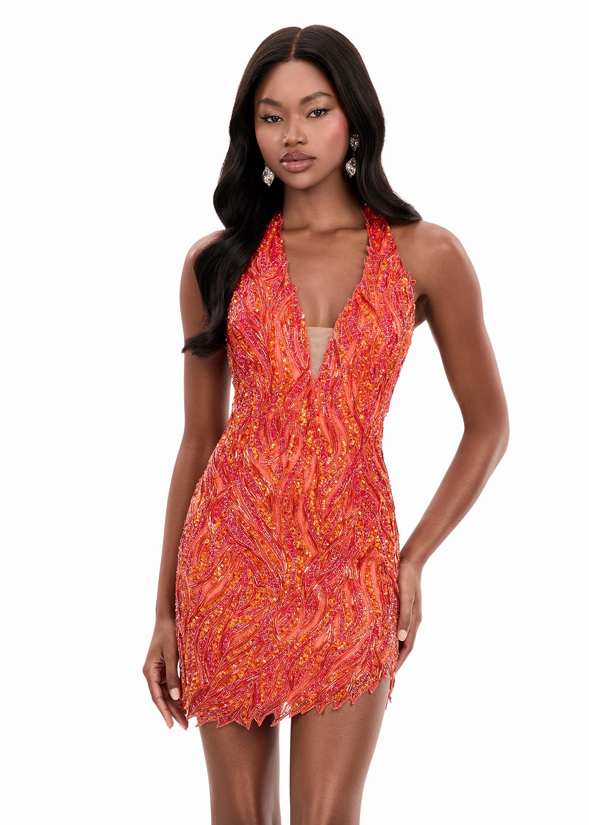 ASHLEYlauren Style 4953 | Fully Beaded Halter Neckline Cocktail Dress
