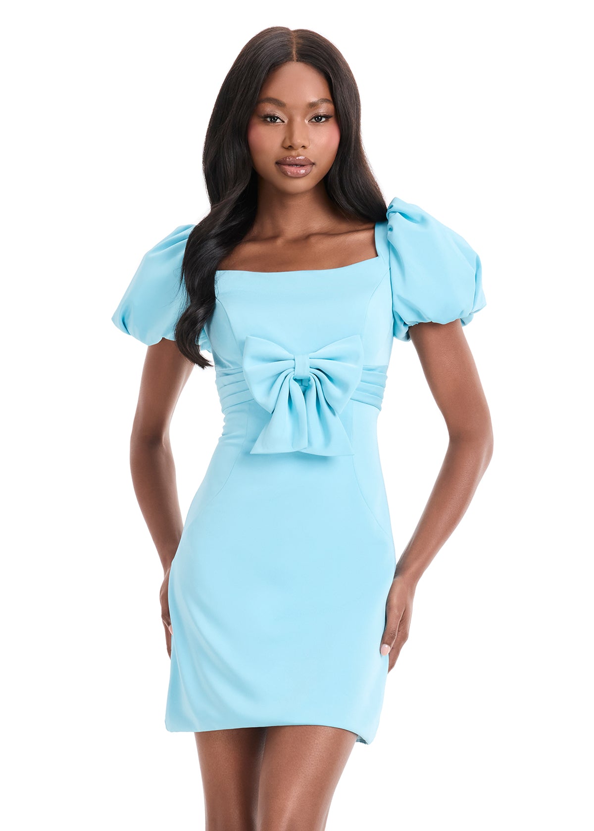 ASHLEYlauren Style 4955 | Mini Dress with Puff Sleeves and Bow Detail ASHLEYlauren Style 4955 | Mini Dress with Puff Sleeves and Bow Detail