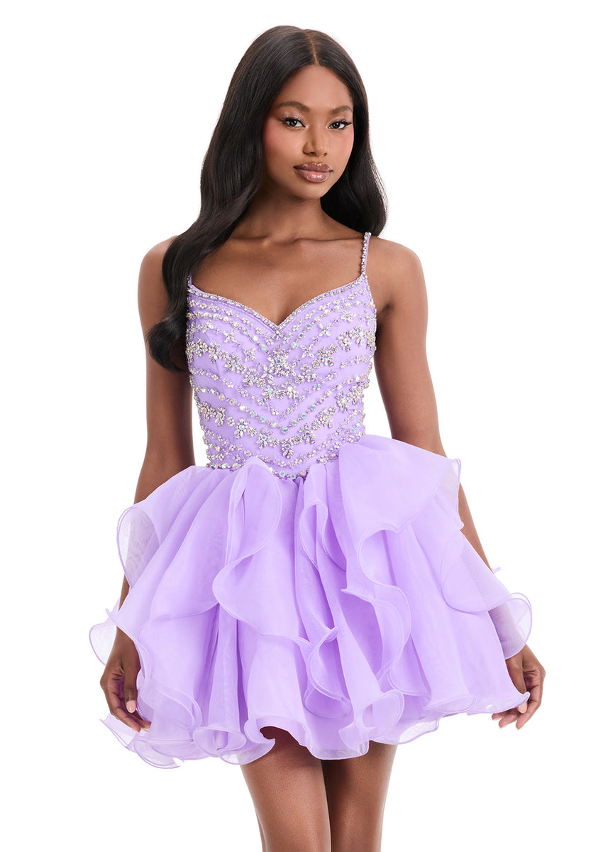 ASHLEYlauren Style 4964 Beaded Organza Mini Dress with Ruffle Skirt