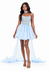 ASHLEYlauren 4965 | Sky organza mini featuring sparkling beaded bodice, high neck cape detail, and voluminous skirt