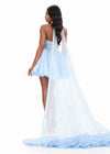 ASHLEYlauren 4965 | Sky organza A-line mini with beaded bodice, choker neckline, and dramatic flowing cape