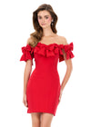ASHLEYlauren 4966 | Red sculpted scuba mini featuring oversized bow neckline and clean modern tailoring