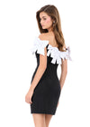 ASHLEYlauren 4966 | White-Black off shoulder scuba mini with oversized bow neckline and sleek fitted silhouette